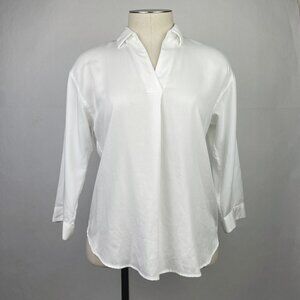 Uniqlo Womens White Shirt Blouse Size XXS 3/4 Sleeve Rayon V-Neck Skipper Collar